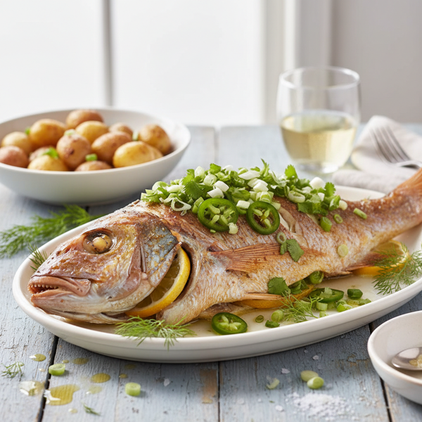 Lemon-Dill Baked Red Snapper with Green Onion Salsa recipe