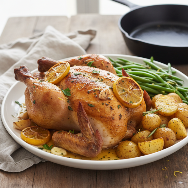 Lemon-Garlic Roasted Chicken with Green Beans and Baby Potatoes recipe