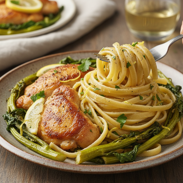 Lemon-Infused Fettuccine with Roasted Chicken and Golden Rapini recipe