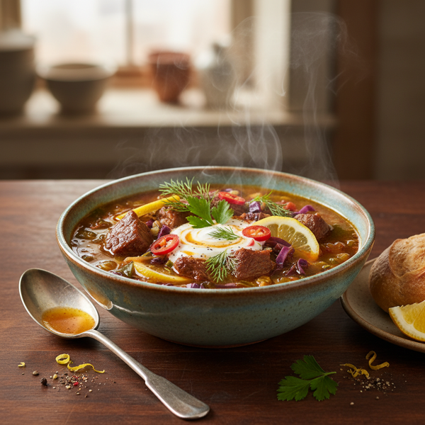 Lemon-Infused Sweet and Sour Beef & Cabbage Soup recipe