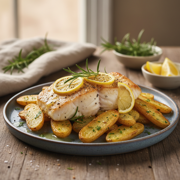 Lemon-Rosemary Roast Halibut with Crispy Fingerling Potatoes recipe