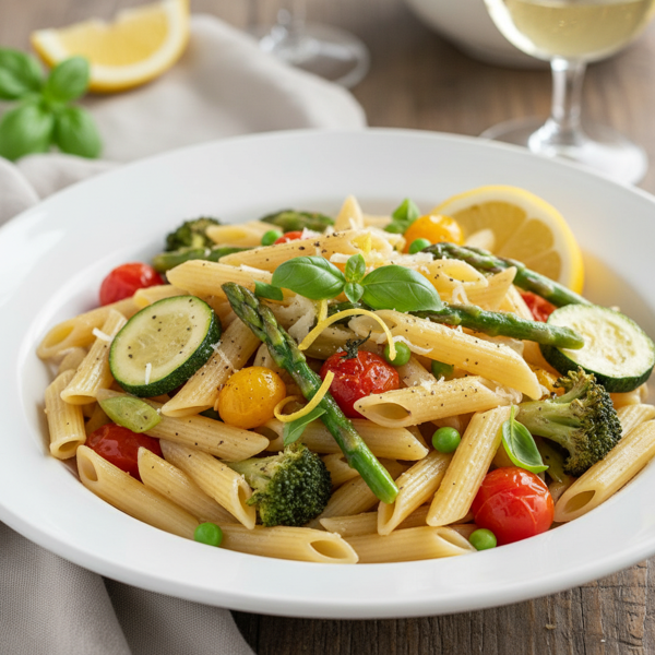 Lemon Garlic Penne Pasta with Seasonal Vegetables recipe