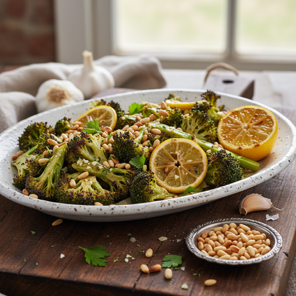 Lemon Garlic Roasted Broccoli with Toasted Pine Nuts recipe