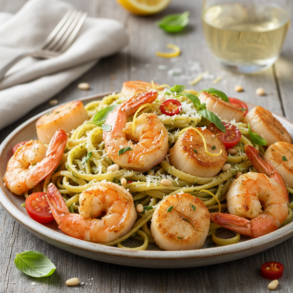 Lemon Garlic Shrimp and Scallops with Pesto Pasta recipe