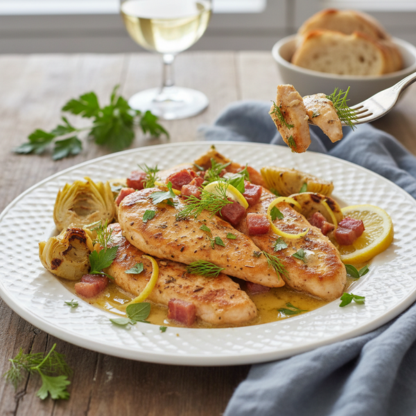 Lemon Herb Chicken Scaloppine with Artichokes and Pancetta recipe