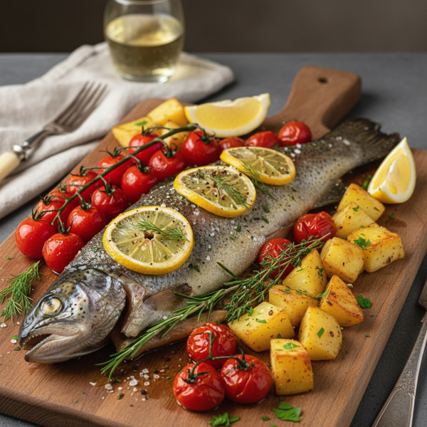 Lemon Herb Whole Trout with Roasted Cherry Tomatoes and Yukon Gold Potatoes recipe