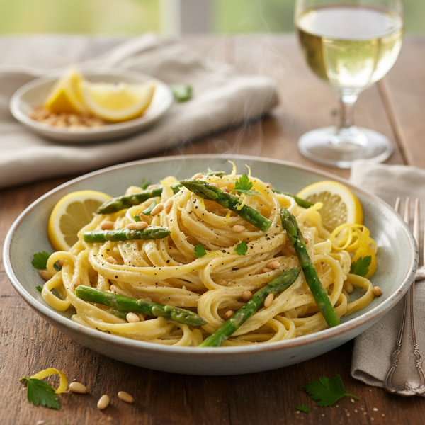 Lemon Mascarpone Fettuccine with Asparagus and Pine Nuts recipe
