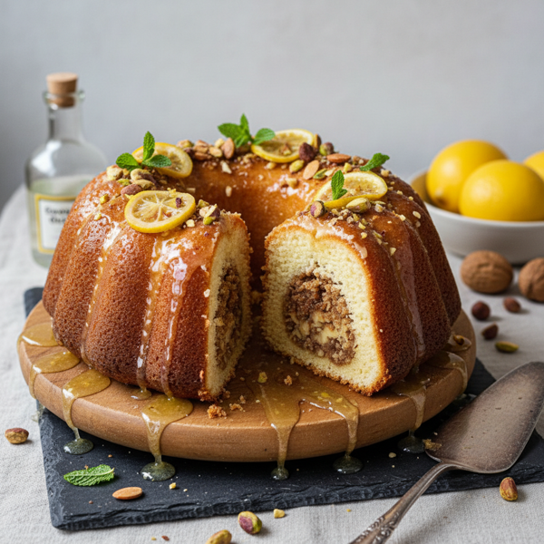 Lemon Ouzo Drizzle Yogurt Cake with Nutty Filling recipe