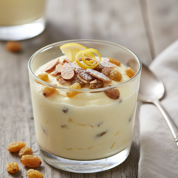 Lemon Ricotta Budino with Almonds and Golden Raisins recipe