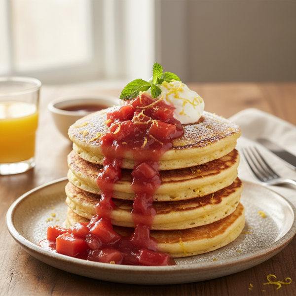 Lemon Zest Ricotta Pancakes with Sweet Rhubarb Compote recipe