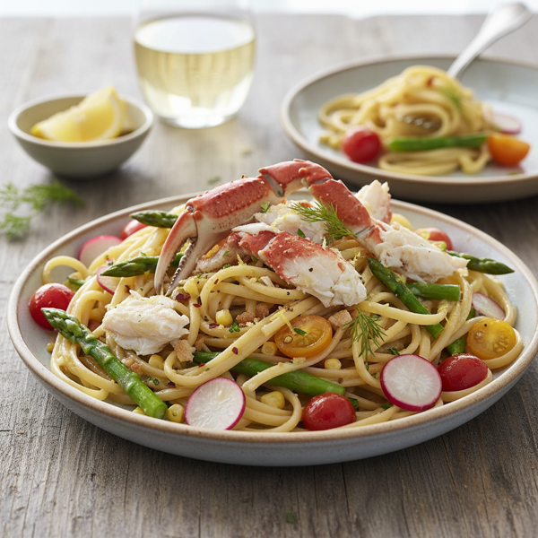 Linguine with Crab and Seasonal Vegetables recipe