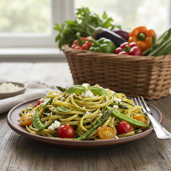 Linguine with Garden Fresh Pesto and Seasonal Vegetables recipe