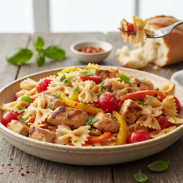 Lively Chicken and Bow Tie Pasta with Fresh Tomatoes and Peppers recipe