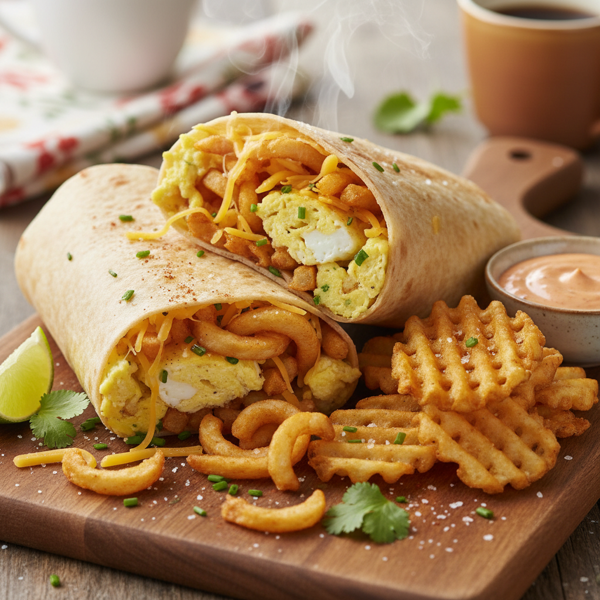Loaded Breakfast Burrito with Fries, Eggs, and Cheese recipe