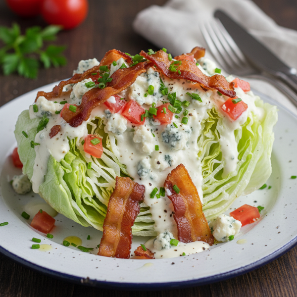 Loaded Iceberg Wedge Salad with Blue Cheese, Crispy Bacon & Fresh Tomato recipe