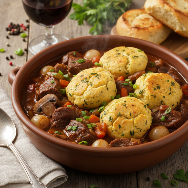 Louisiana-Style Burgundy Beef Stew with Herb-Infused Cornmeal Dumplings recipe