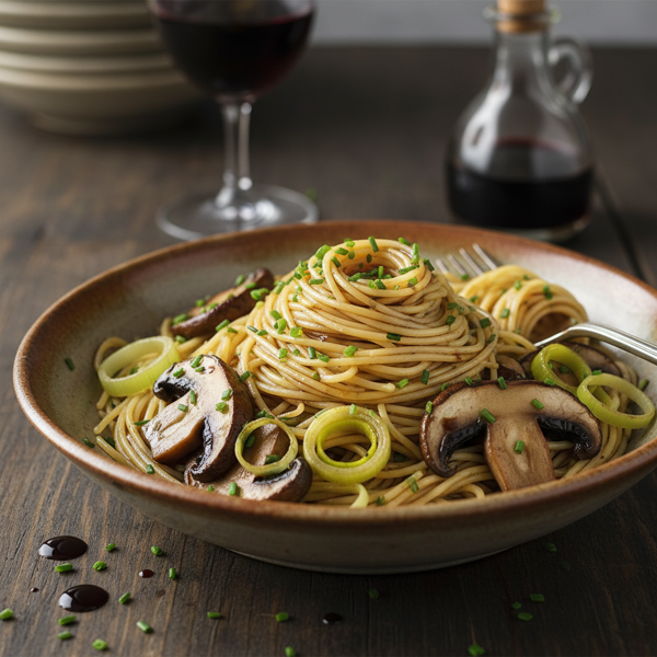 Luscious Angel Hair Pasta with Sautéed Portobello Mushrooms and Leeks in Balsamic Reduction recipe