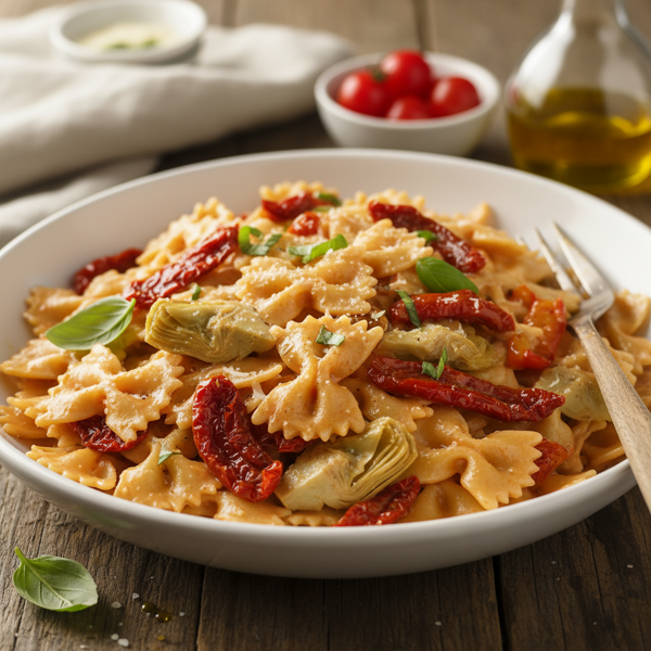 Luscious Creamy Bow Tie Pasta with Sun-dried Tomatoes, Roasted Red Peppers, and Artichokes recipe