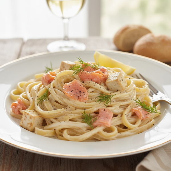 Luscious Light Creamy Fettuccine with Smoked Salmon and Tofu Noodles recipe