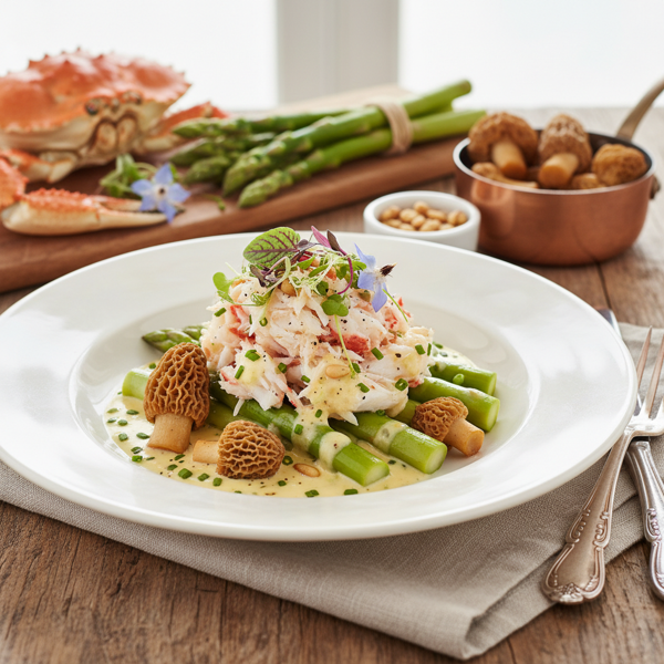 Luxe Crab and Asparagus Salad with Morel Cream Sauce recipe