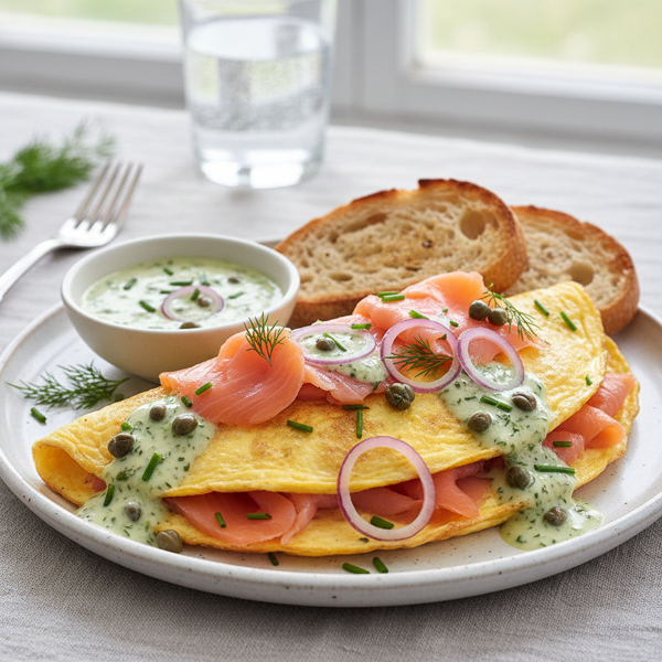 Luxe Smoked Salmon Omelet with Creamy Capers and Red Onions recipe