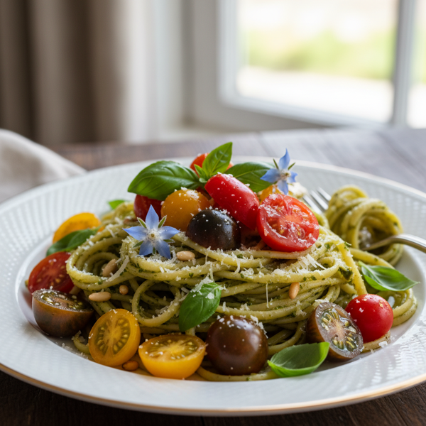 Luxurious Pesto Linguine with Heirloom Tomato Medley recipe