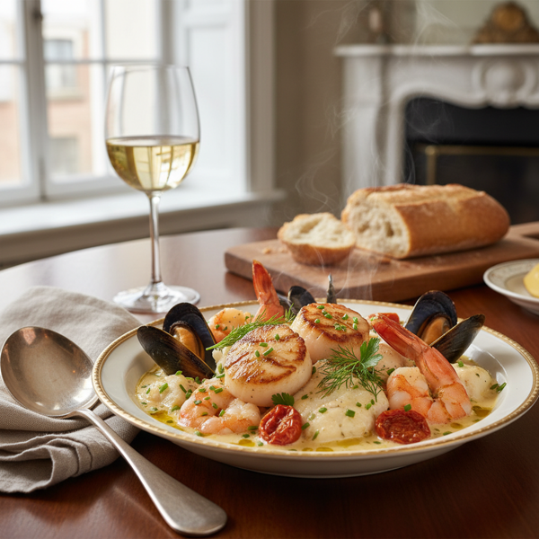 Luxury Seafood Medley in White Wine Sauce recipe