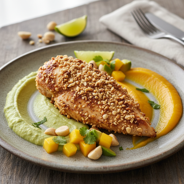 Macadamia-Crusted Chicken with Avocado and Mango Purée recipe