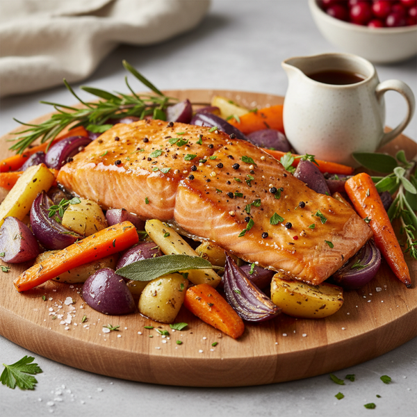 Maple-Glazed Pepper Salmon with Herb-Roasted Root Vegetables recipe