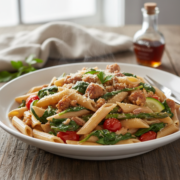 Maple-Infused Sausage and Spinach Penne Primavera recipe