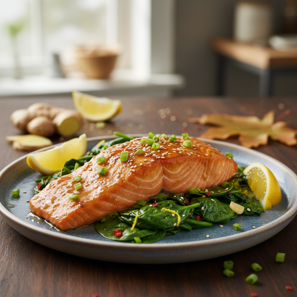 Maple Ginger-Glazed Salmon with Zesty Spinach recipe