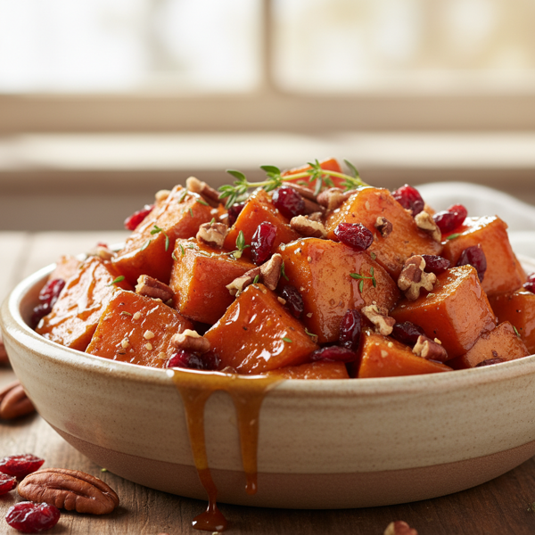 Maple Glazed Sweet Potatoes & Cranberries with Toasted Pecans recipe