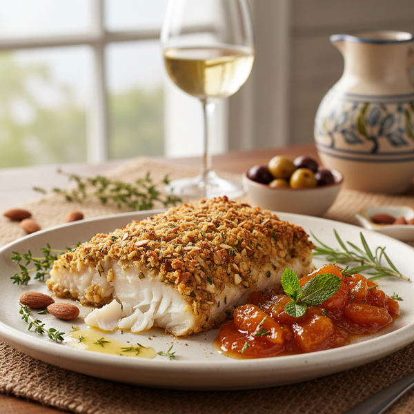 Mediterranean Almond-Crusted Cod with Apricot Chutney recipe