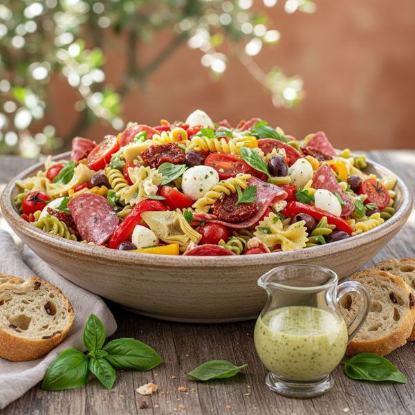 Mediterranean Antipasto Pasta Salad with Basil Vinaigrette recipe