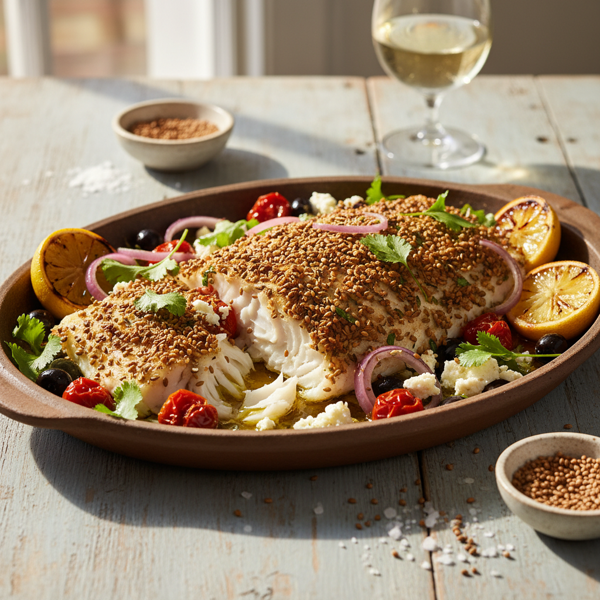 Mediterranean Baked Cod with Toasted Coriander recipe