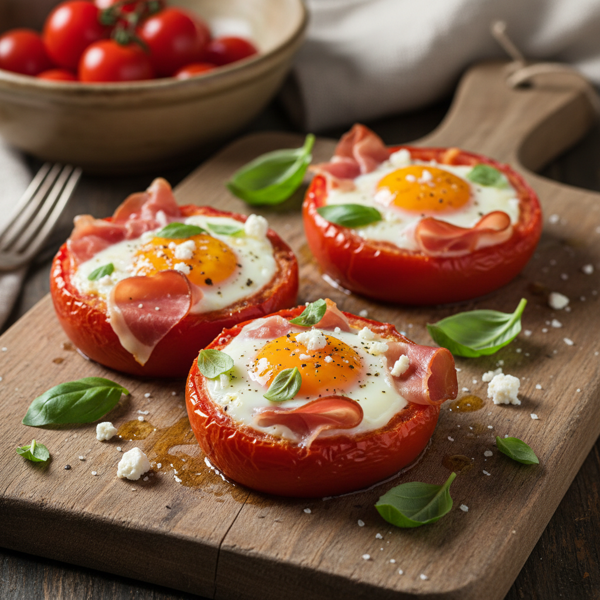 Mediterranean Baked Eggs in Roasted Tomato Cups with Prosciutto and Fresh Basil recipe