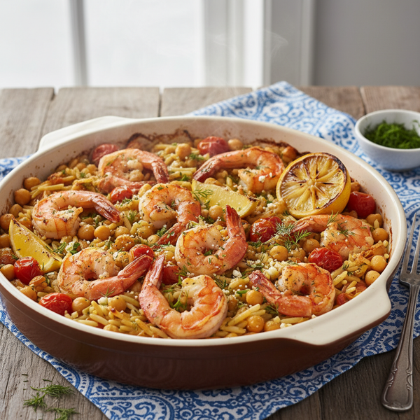 Mediterranean Baked Shrimp and Orzo with Chickpeas and Dill recipe