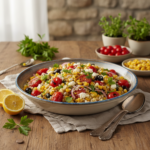 Mediterranean Barley Salad with Roasted Corn and Cherry Tomatoes recipe