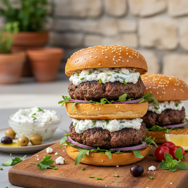 Mediterranean Beef Burgers with Feta Garlic Aioli recipe