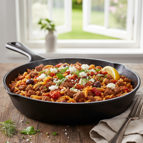 Mediterranean Beef & Orzo Skillet Delight recipe