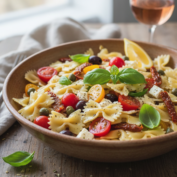 Mediterranean Bow Tie Pasta Salad with Tomato, Basil, and Capers recipe
