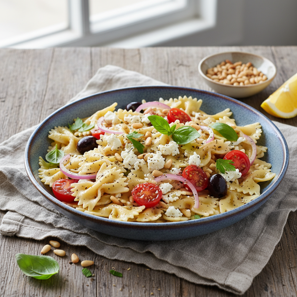 Mediterranean Bow Tie Pasta with Feta and Roasted Pine Nuts recipe