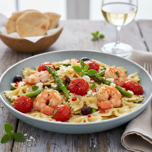 Mediterranean Bow Tie Pasta with Roasted Tomatoes, Asparagus, and Shrimp recipe