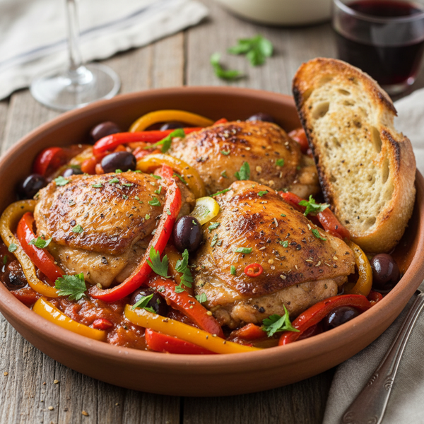 Mediterranean Braised Chicken Thighs with Bell Peppers and Olives recipe