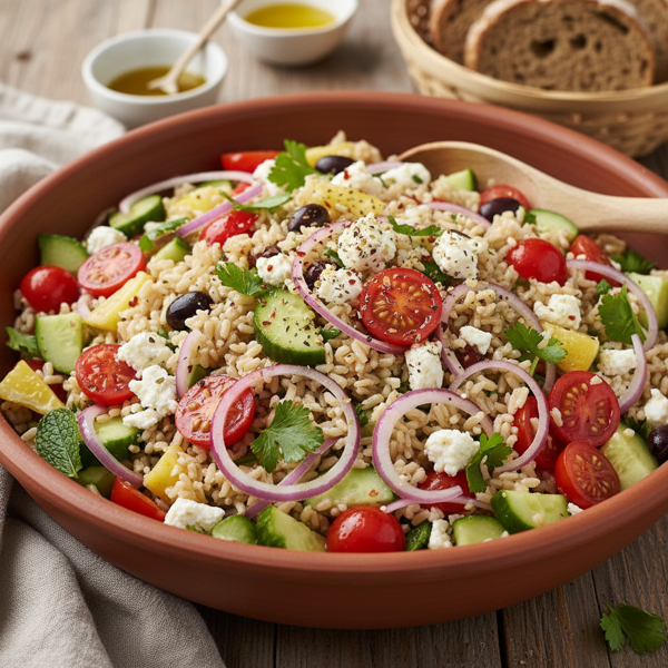 Mediterranean Brown Rice Salad with Feta, Tomato, and Cucumber recipe