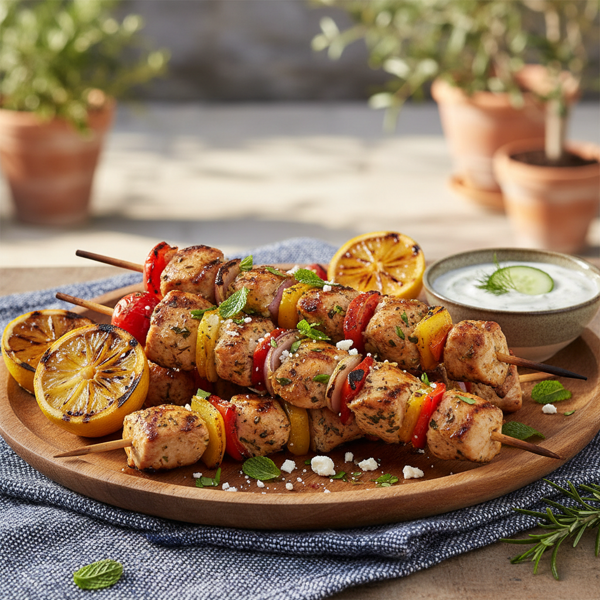 Mediterranean Chicken Kabobs with Grilled Lemon recipe