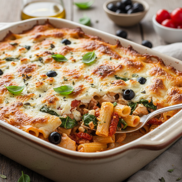 Mediterranean Chicken Olive Pasta Bake recipe