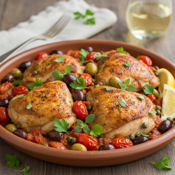 Mediterranean Chicken Thighs with Tomato, Olive, and Caper Sauce recipe