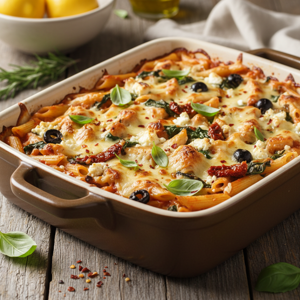 Mediterranean Chicken and Spinach Pasta Bake recipe