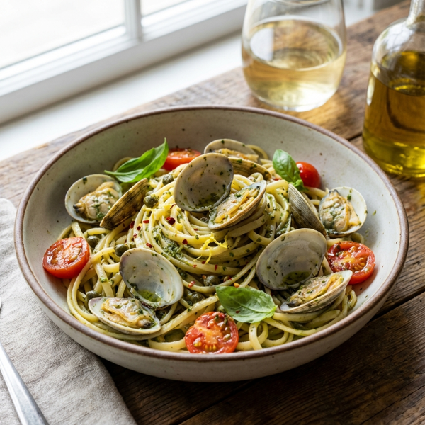 Mediterranean Clams with Basil Garlic Pasta recipe